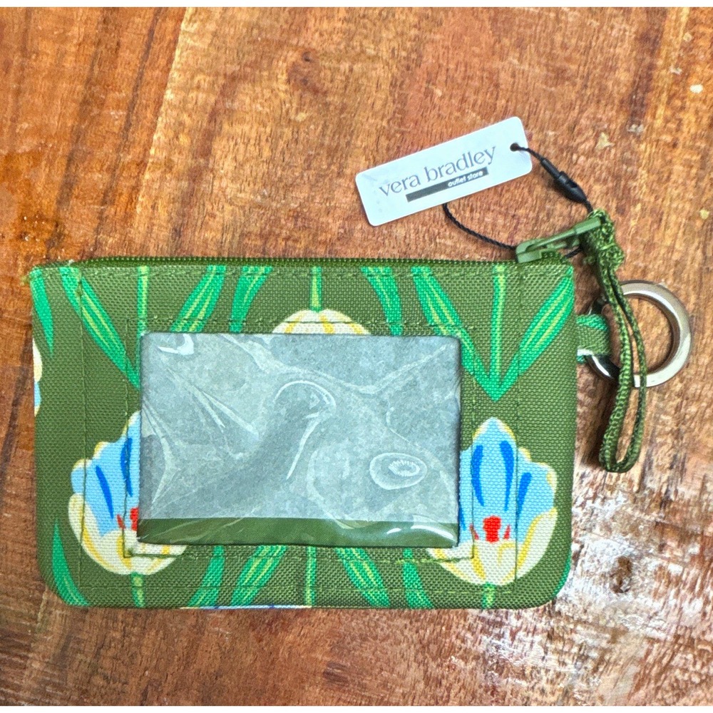 Vera Bradley Green Floral Fabric ID Case Document Holder Pouch Zip Key Ring NEW